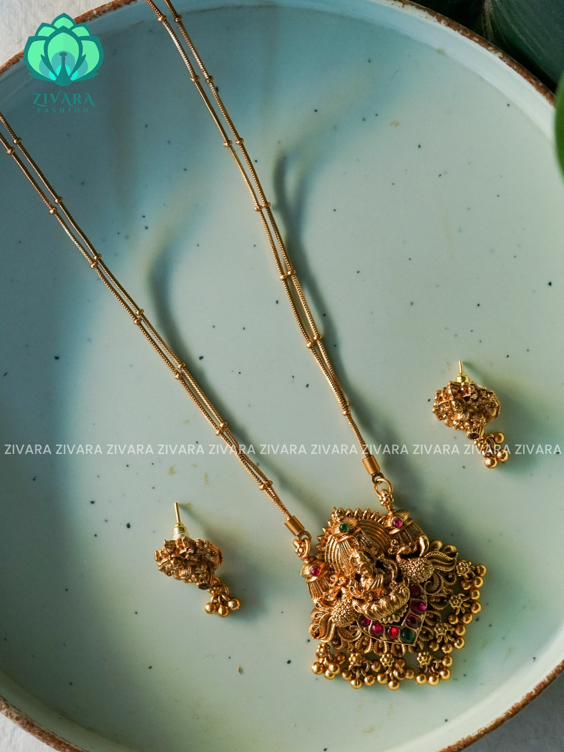 TEMPLE PENDANT with Flexible chain - Traditional south indian NORMAL MATTE neckwear with earrings - Zivara Fashion