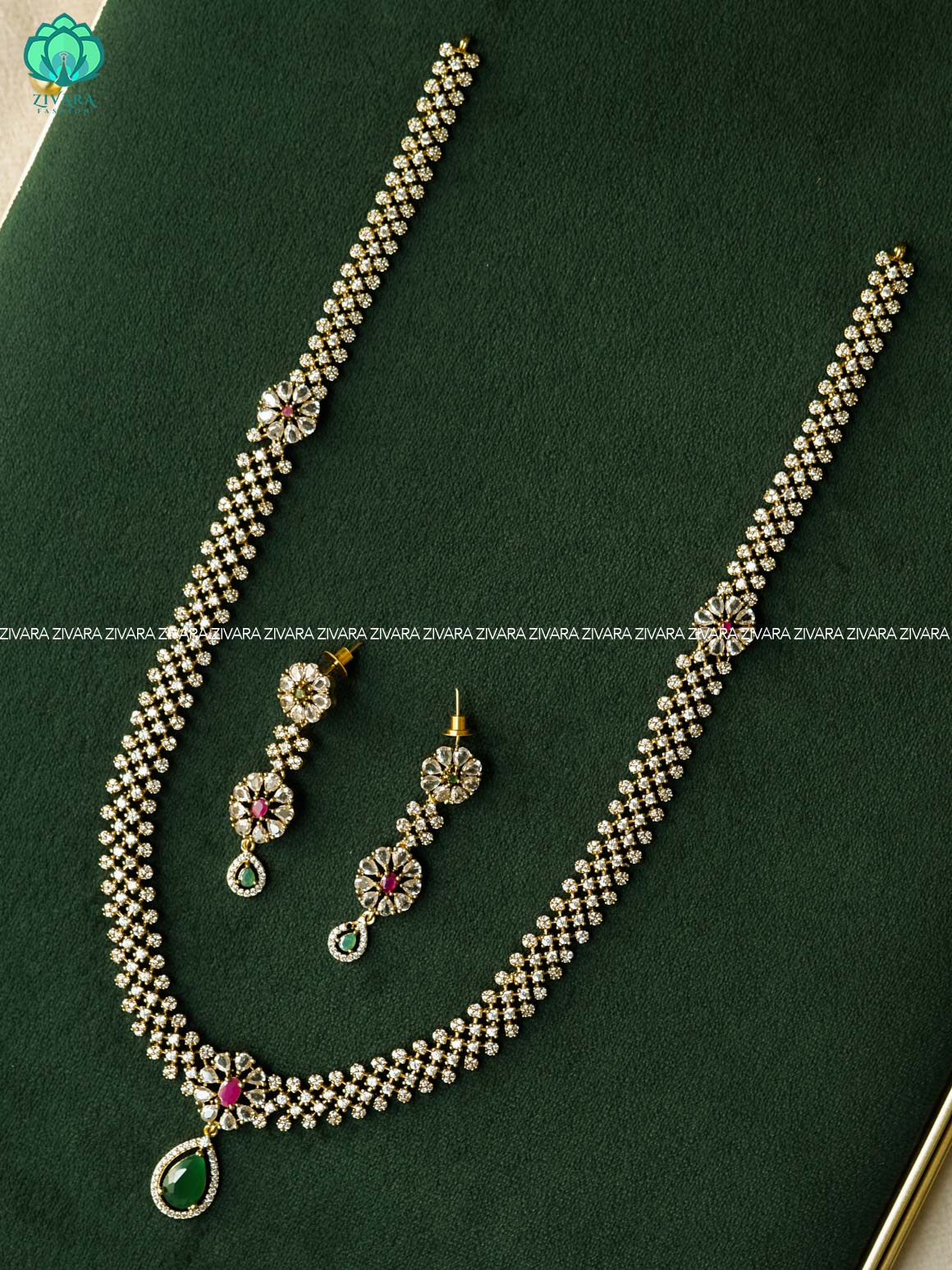 RUBY GREEN - ELEGANT AND STYLISH premium  long haaram/neckwear with earrings- Zivara Fashion