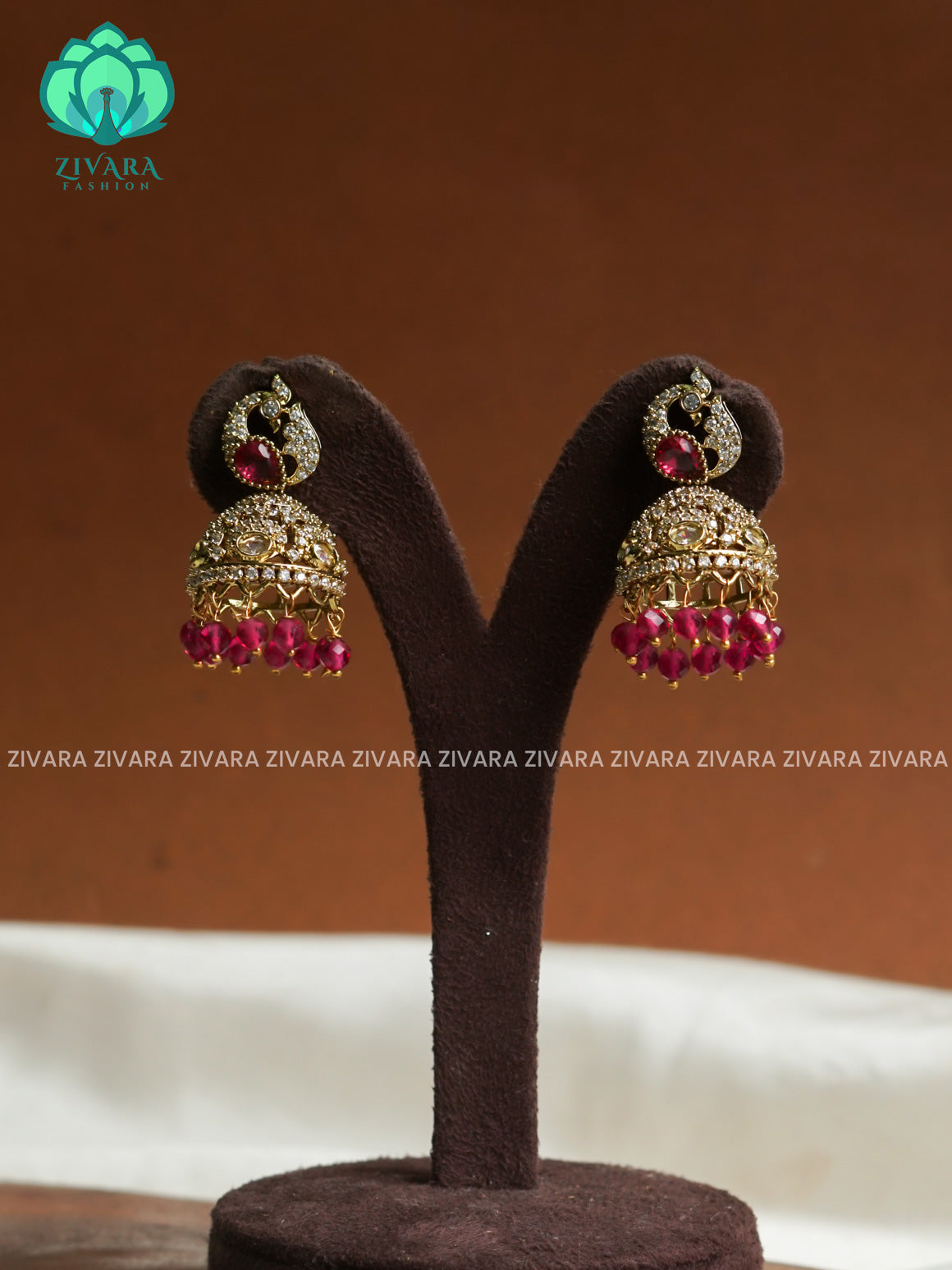 RUBY - Peacock Victoria dark finish  stone medium size jhumka (3 INCHES) - TRADITIONAL PREMIUM  JHUMKA- latest jewellery collection- zivara fashion