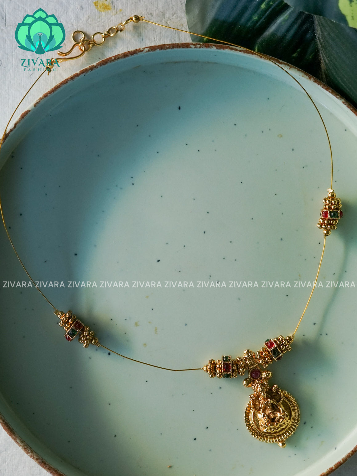 RUBY AND GREEN Tamara TEMPLE INVISIBLE MINIMAL ELEGANT HANDMADE NECKLACE WITH BRILLIANT FINISH MOTIFS- ZIVARA FASHION