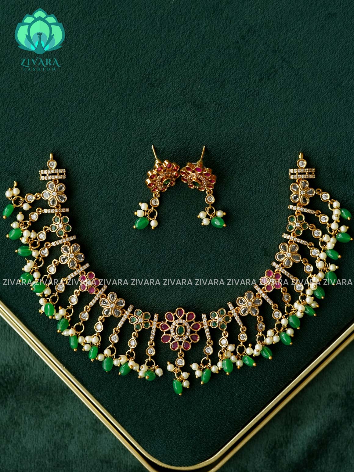REAL KEMP FLOWER MOTIF NECKWEAR WITH HANGINGS - Traditional south indian premium neckwear - Zivara Fashion- latest jewellery design