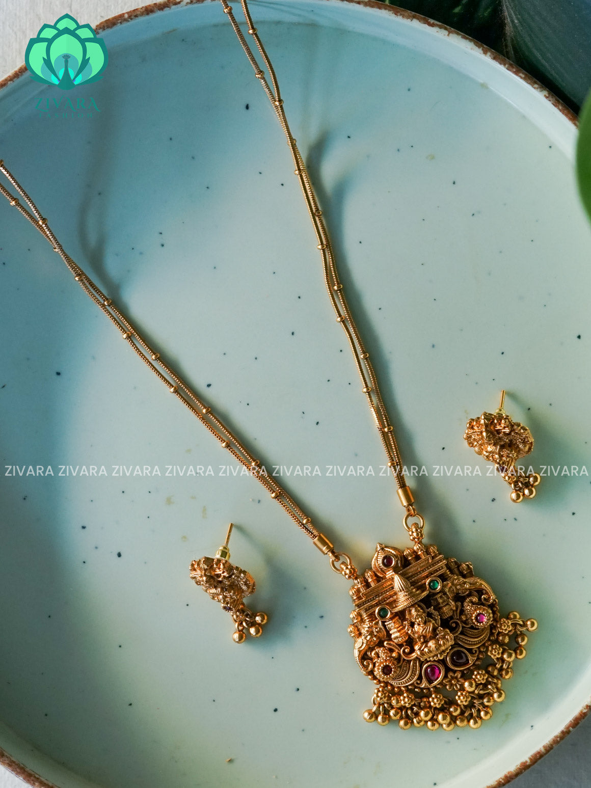 TEMPLE PENDANT with Flexible chain - Traditional south indian NORMAL MATTE neckwear with earrings - Zivara Fashion