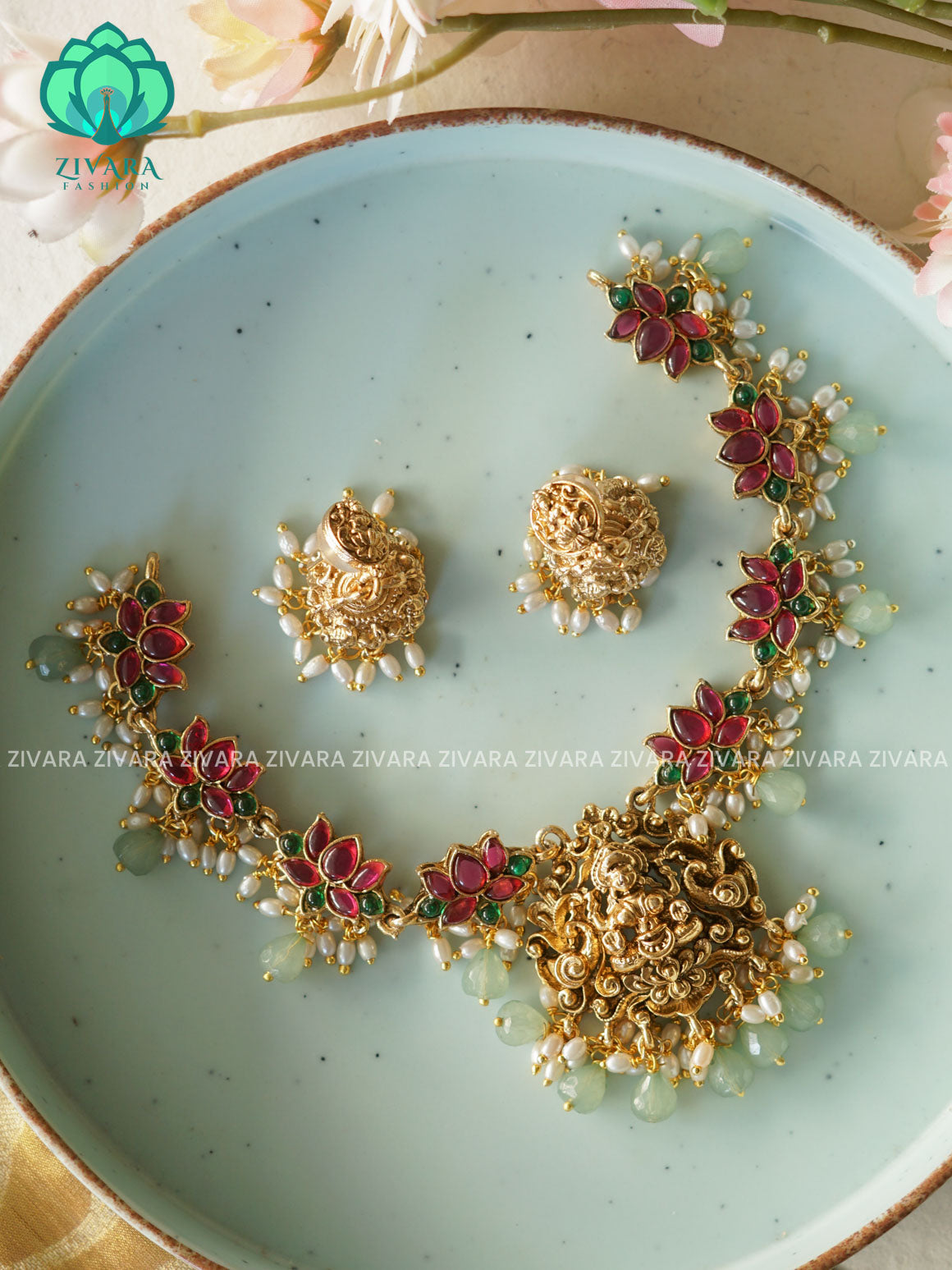 ANANYA SERIES - GREEN PALAKKA  TEMPLE NECKWEAR  - Traditional south indian NORMAL MATTE neckwear with earrings - Zivara Fashion