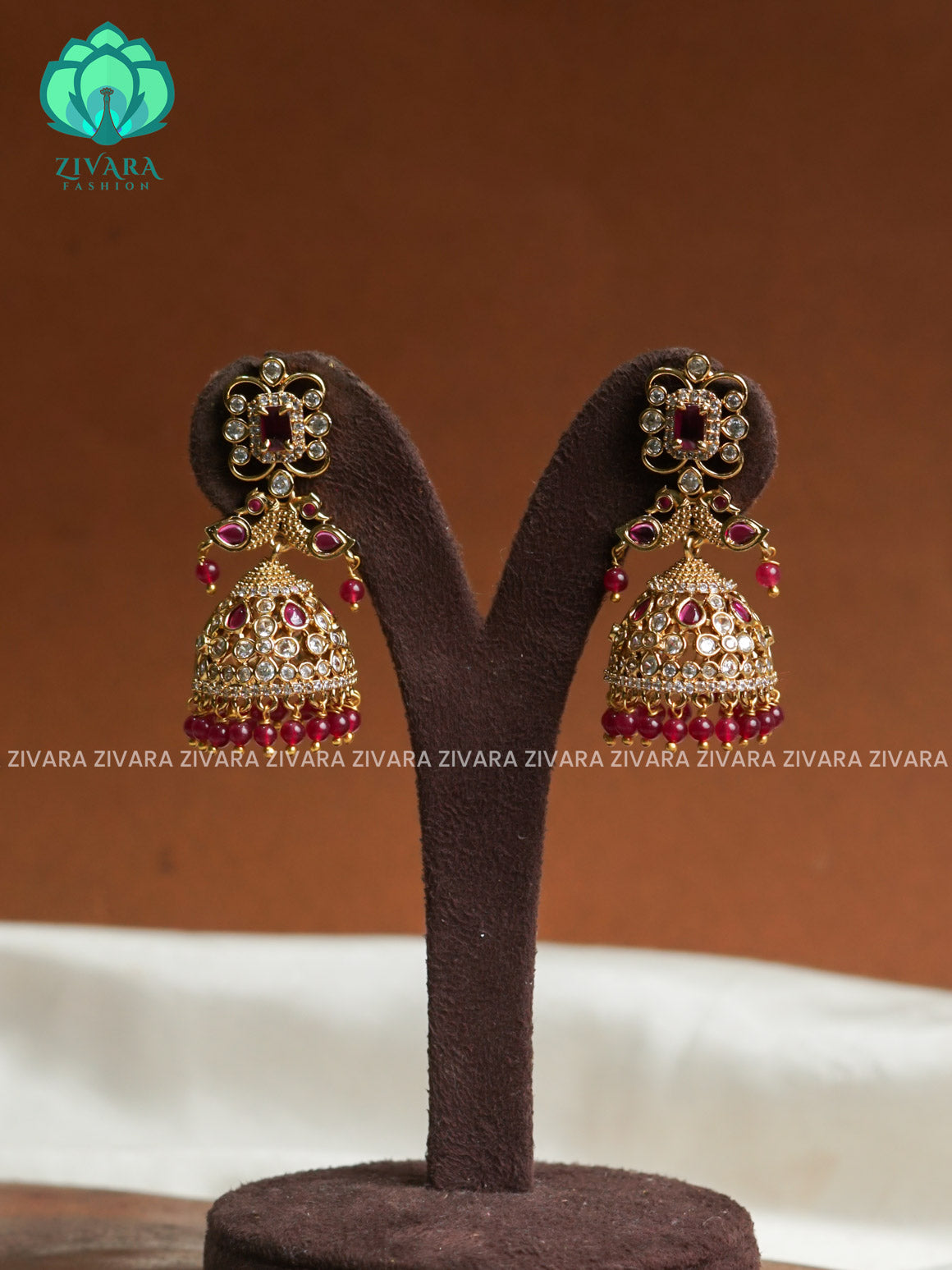 Ruby    - Victoria dark finish  stone medium size jhumka (2 INCHES) - TRADITIONAL PREMIUM  JHUMKA- latest jewellery collection- zivara fashion