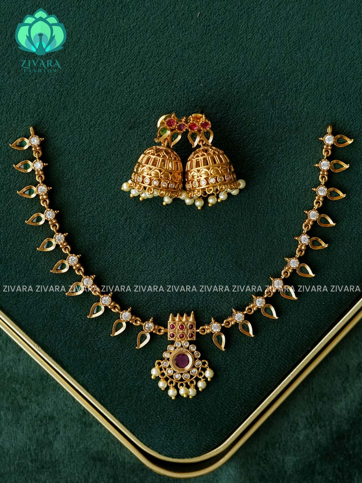 ANANYA SERIES -  RUBY GREEN PALAKKAD Traditional south indian premium neckwear with earrings- Zivara Fashion- latest jewellery design.