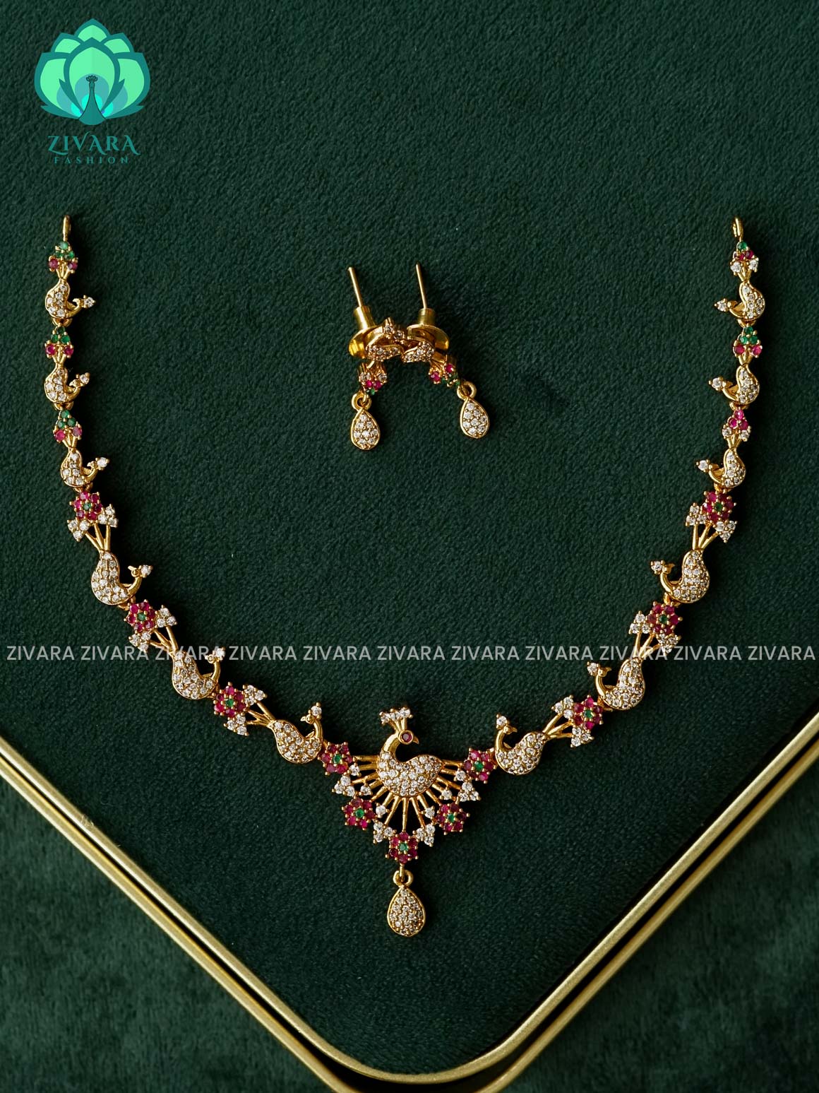 Kanya - WHITE RUBY GREEN STONE PEACOCK STAR DIAMOND REPLICA NECKWEAR- SUBTLE POLISH stylish and minimal elegant neckwear - Zivara Fashion