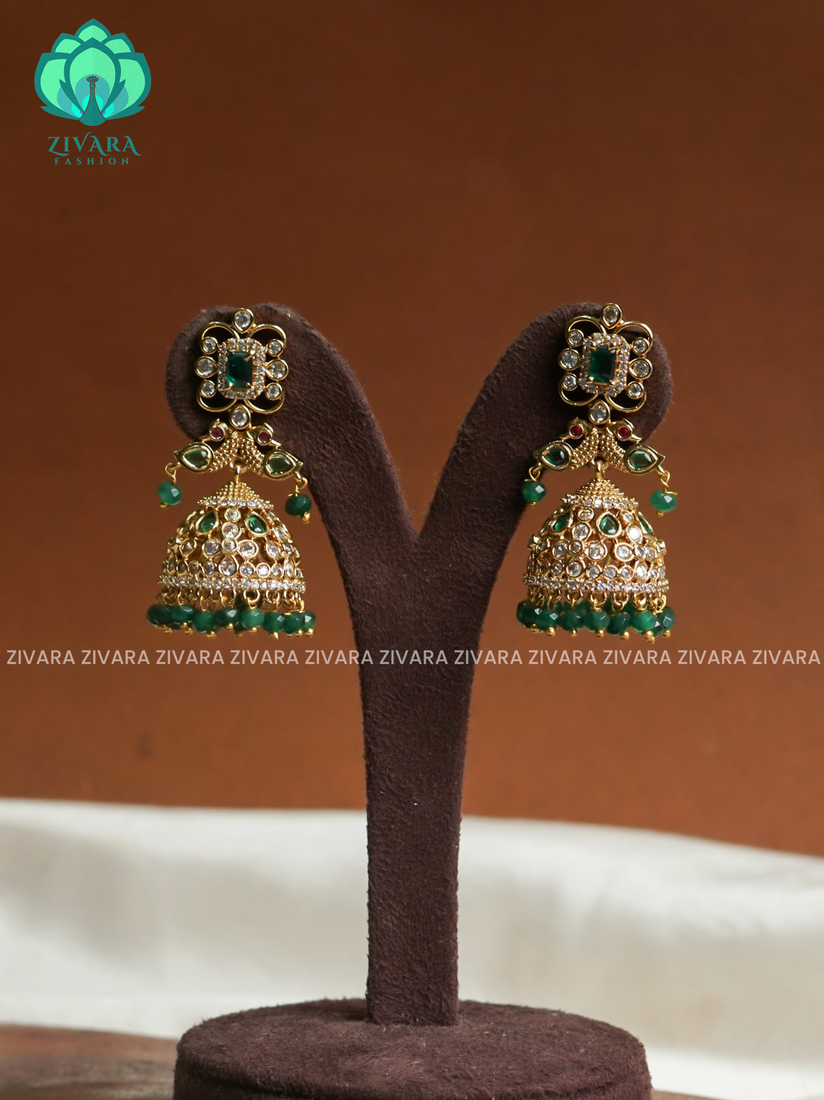 Dark green  - Victoria dark finish  stone medium size jhumka (2 INCHES) - TRADITIONAL PREMIUM  JHUMKA- latest jewellery collection- zivara fashion