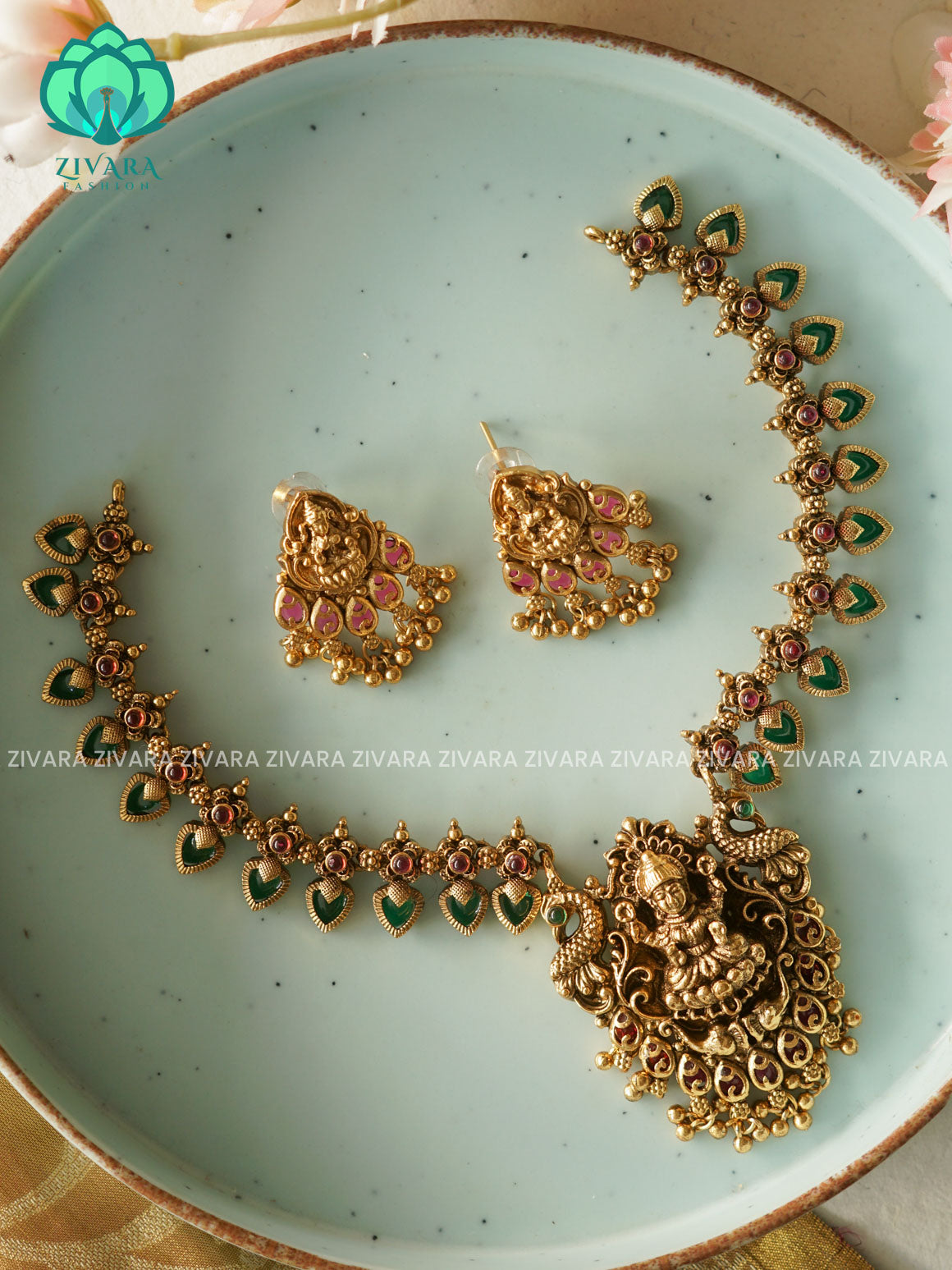 ANANYA SERIES - GREEN PALAKKA  TEMPLE NECKWEAR  - Traditional south indian NORMAL MATTE neckwear with earrings - Zivara Fashion