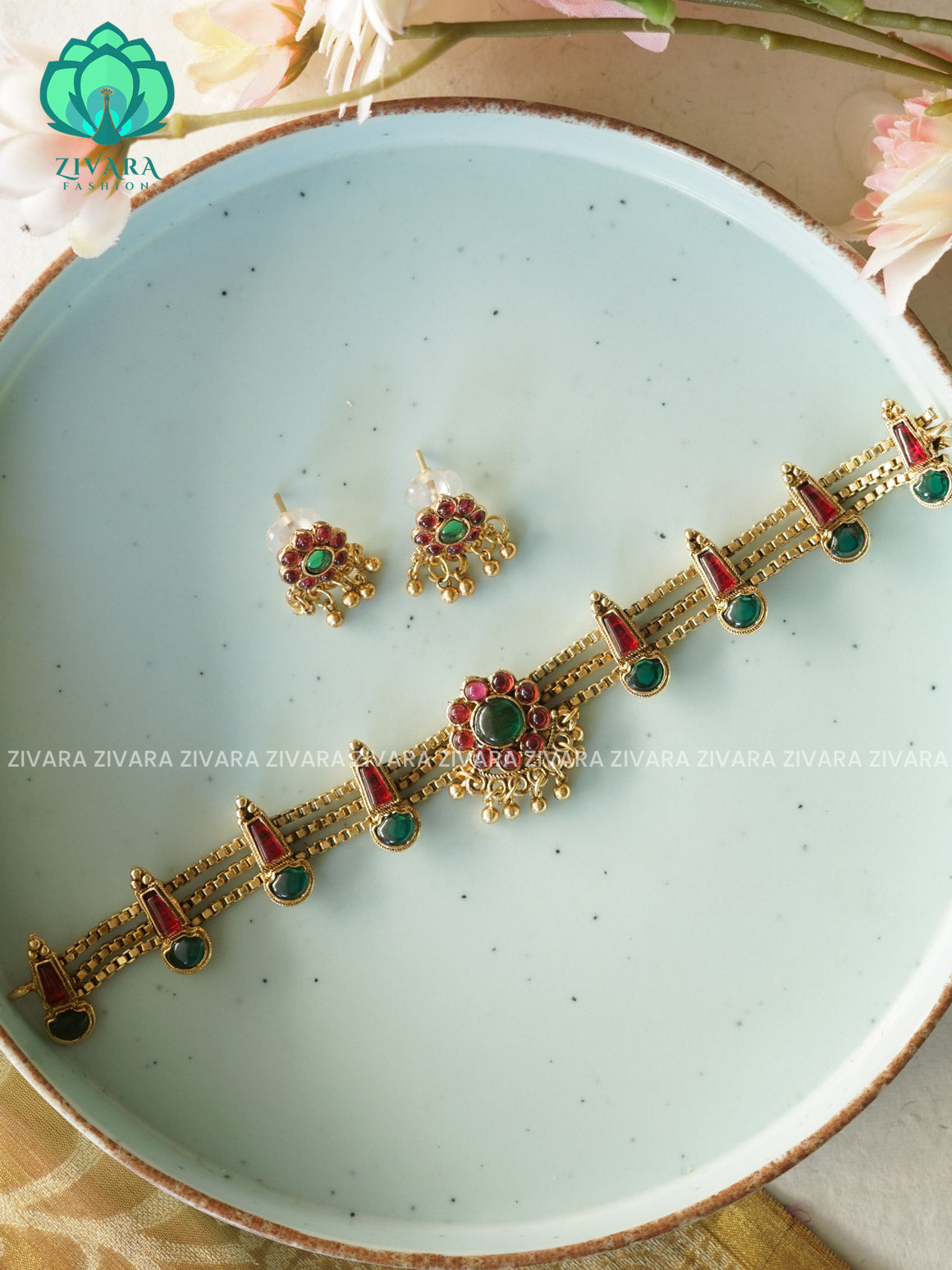 MEENA- RUBY GREEN  choker with earrings-latest south indian jewellery