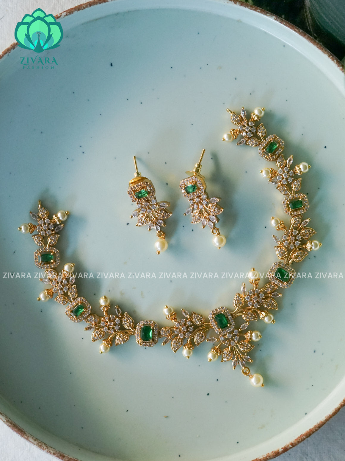 GREEN - FLORAL- GOLD FINISH MINIMAL ELEGANT NNECKWEAR - Zivara Fashion- latest jewellery design