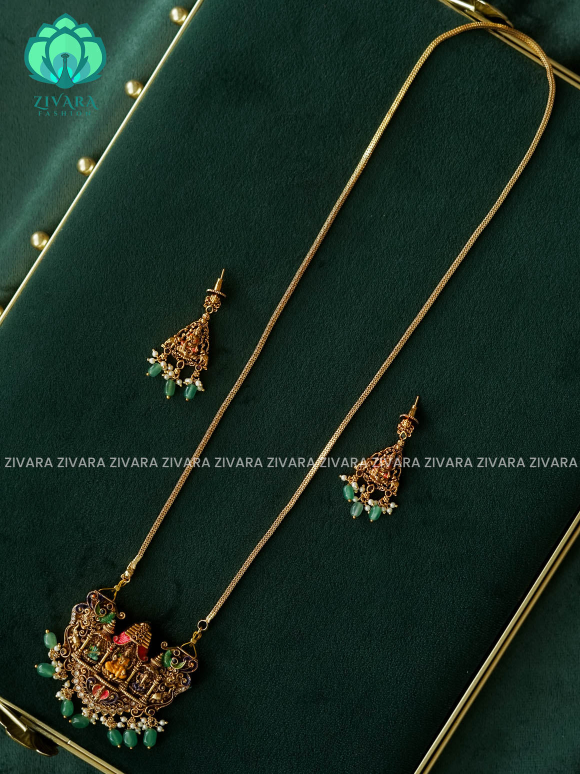 MADHURYA-HAND PAINTED-VINTAGE TEMPLE PENDANT WITH CHAIN - Traditional NORMAL MATTE polish MIDCHEST neckwear with earrings- Zivara Fashion