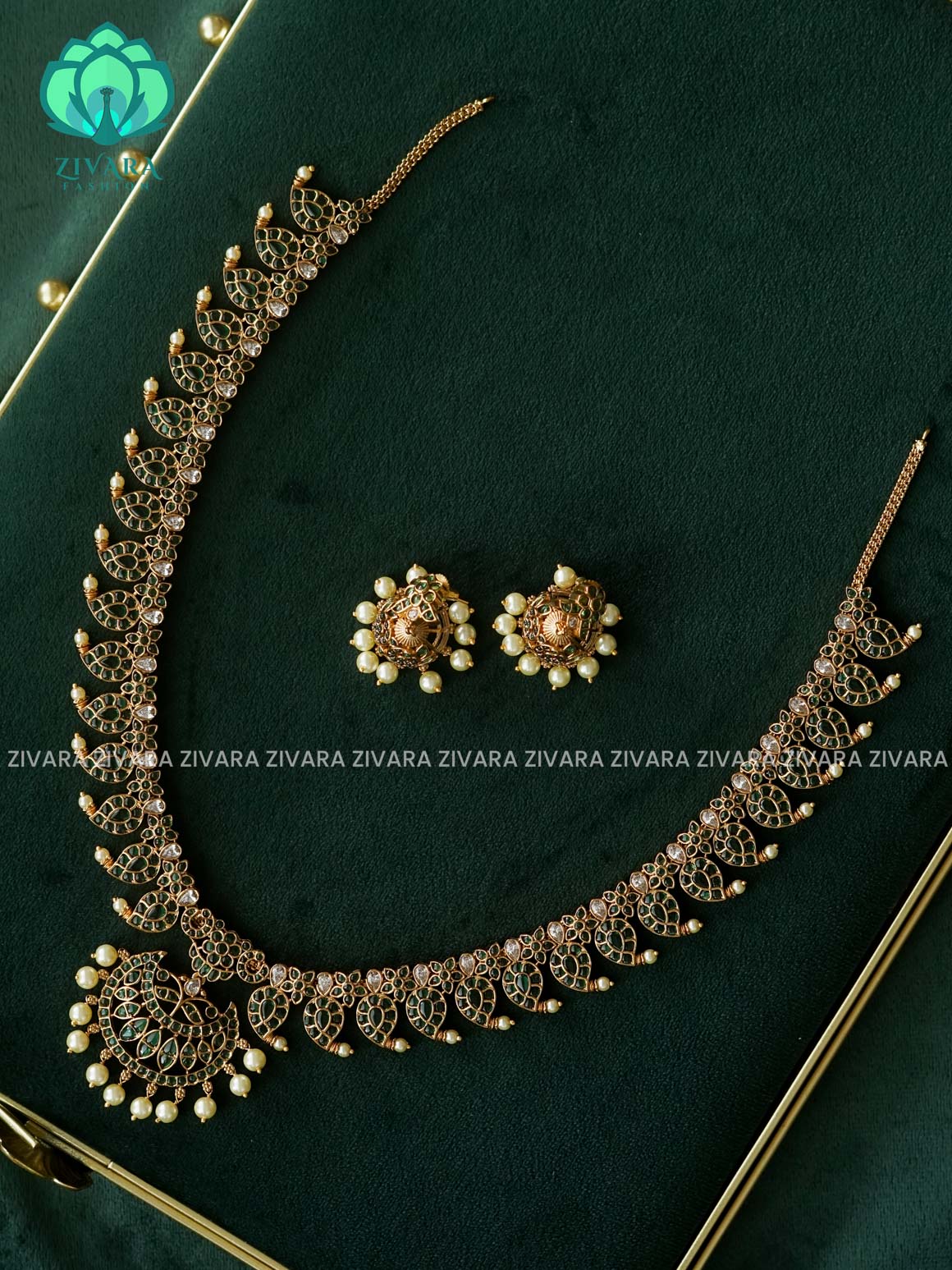 Green mango neckwear   - Traditional PREMIUM MATTE polish MIDCHEST haaram/neckwear with earrings- Zivara Fashion