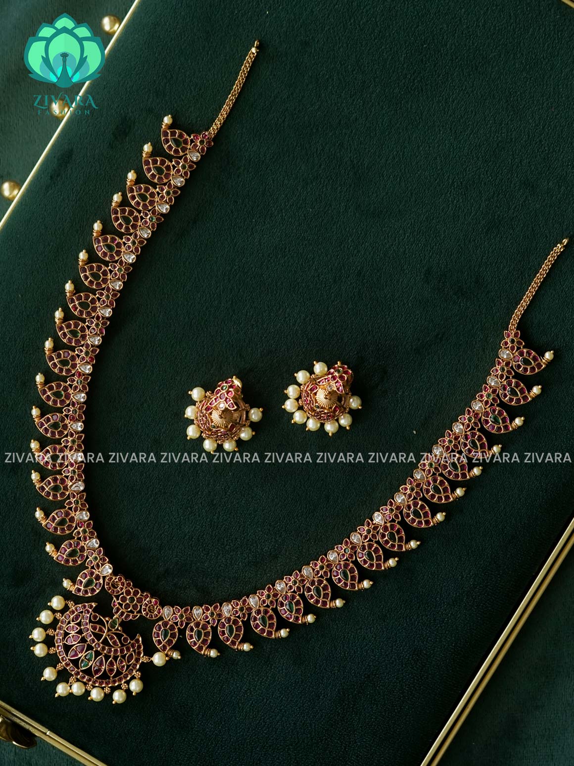 Ruby  mango neckwear   - Traditional PREMIUM MATTE polish MIDCHEST haaram/neckwear with earrings- Zivara Fashion
