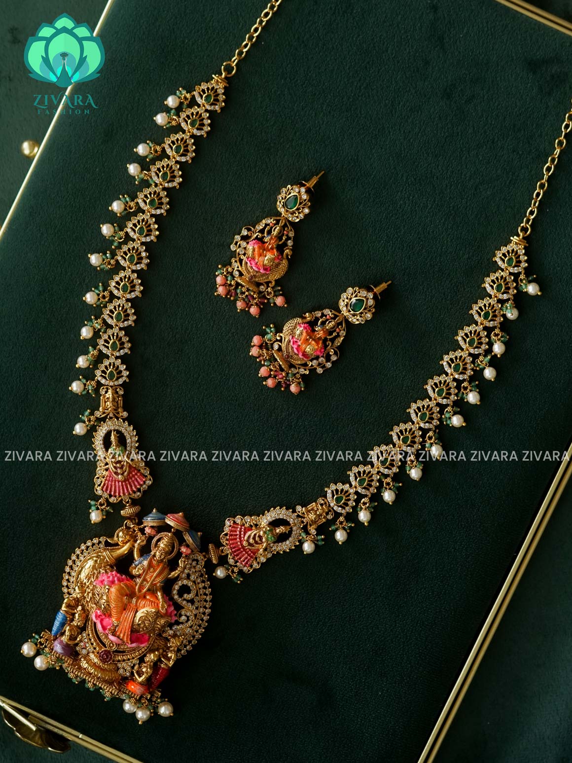 MADHURYA -  GRAND BRIDAL lakshmi devi SET handpainted - Traditional south indian premium neckwear with earrings- Zivara Fashion
