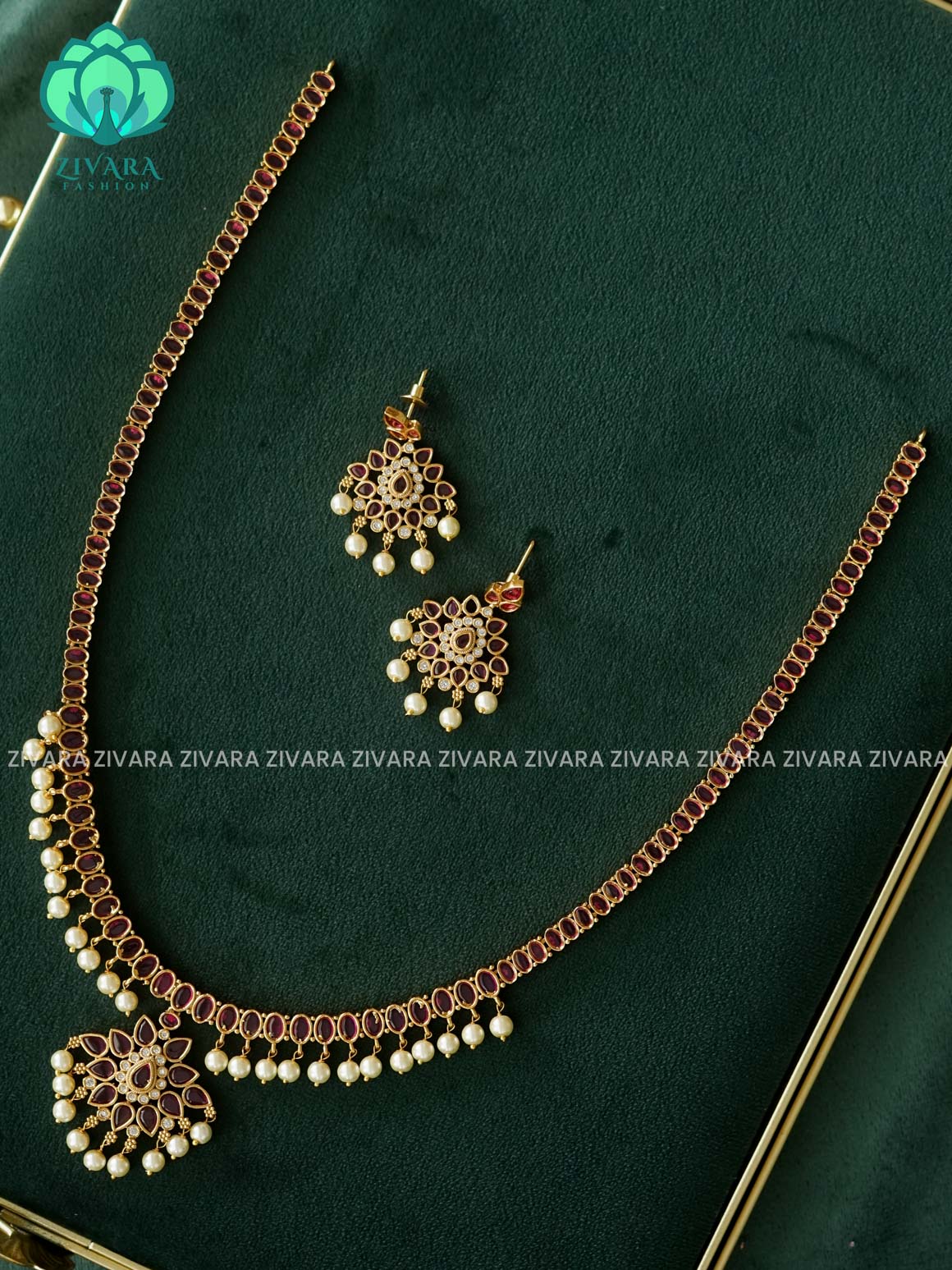 REAL KEMP MOTIF FREE  - Traditional PREMIUM MATTE polish MIDCHEST haaram/neckwear with earrings- Zivara Fashion
