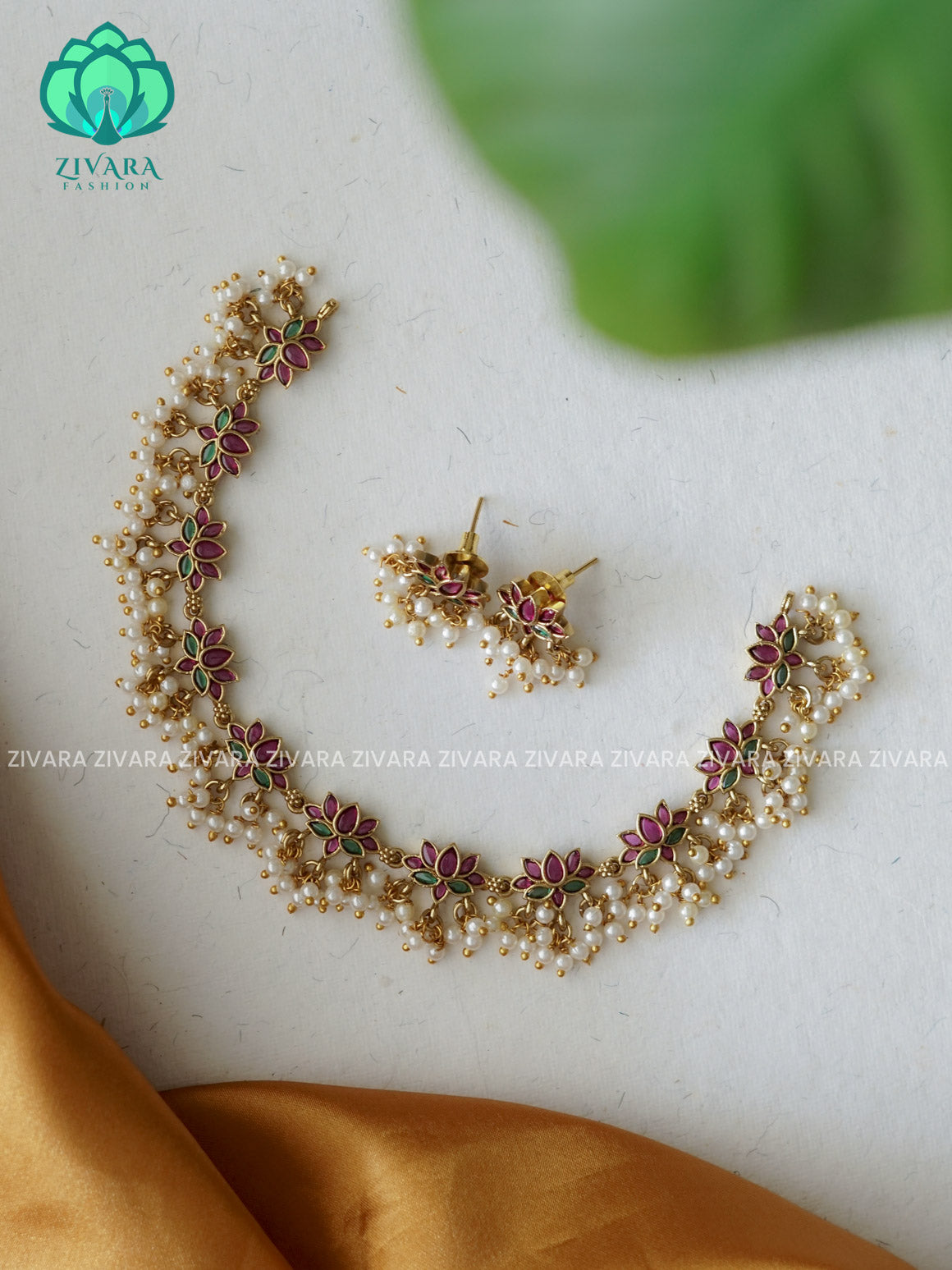 RUBY GREEN Lotus -Traditional south indian premium neckwear with earrings- Zivara Fashion- latest jewellery design