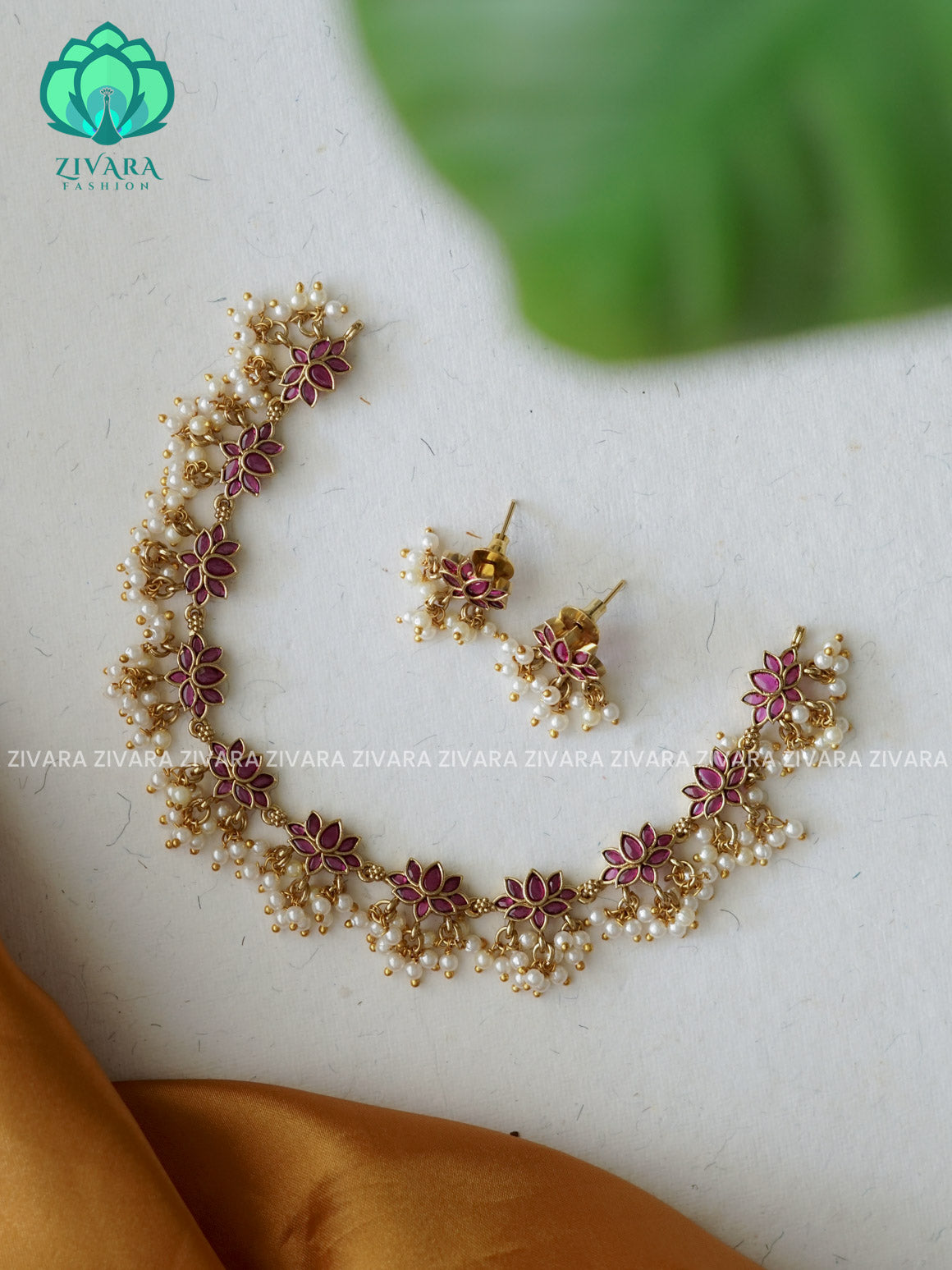 RUBY Lotus -Traditional south indian premium neckwear with earrings- Zivara Fashion- latest jewellery design.