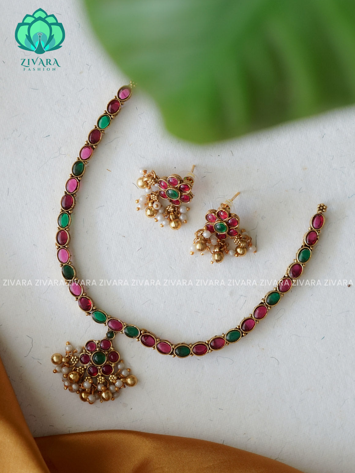 RUBY GREEN ATTIGAI  - NORMAL MATTE POLISH  neckwear with earrings- Zivara Fashion- latest jewellery desigN