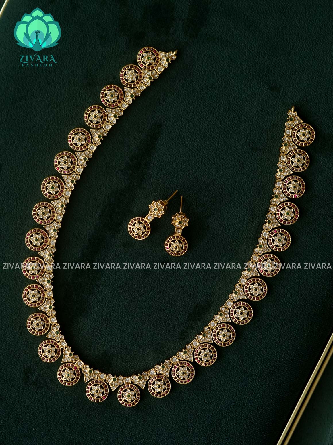 REAL KEMP MOTIF FREE BRIDAL BUTTA - Traditional PREMIUM MATTE polish MIDCHEST haaram/neckwear with earrings- Zivara Fashion