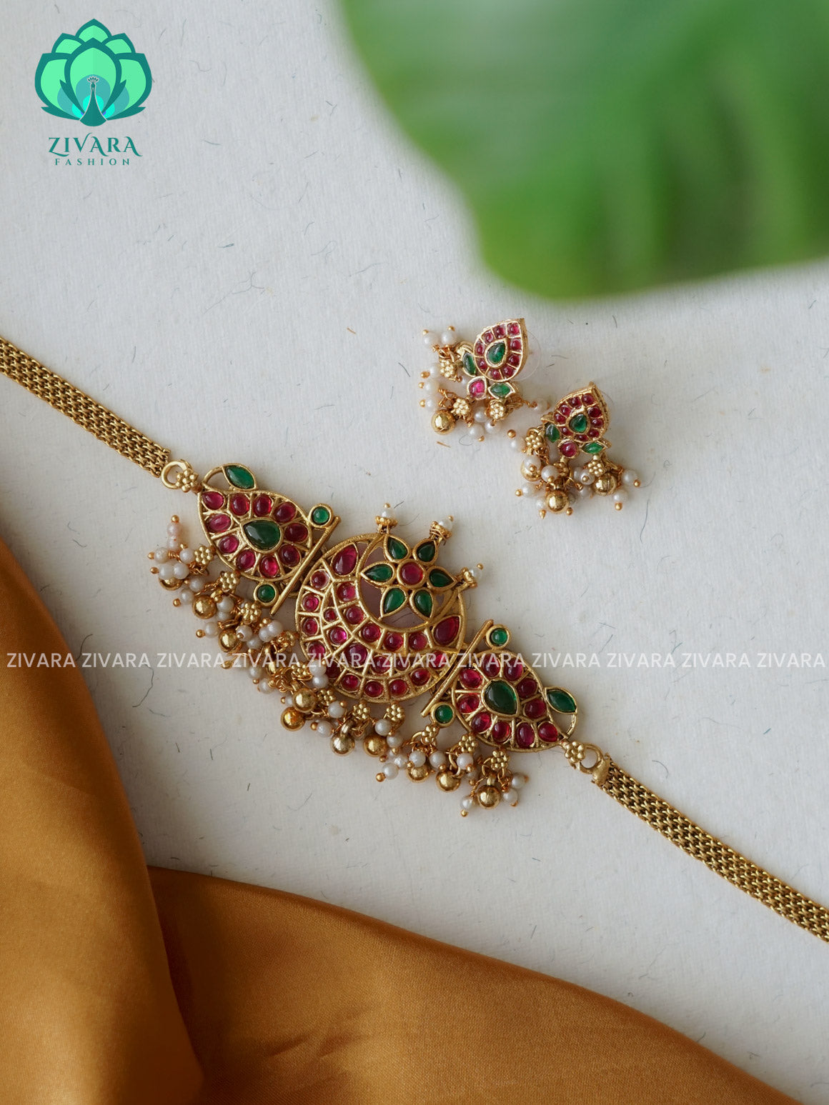 Ruby and Green- Trending moon choker with earrings-latest south indian jewellery