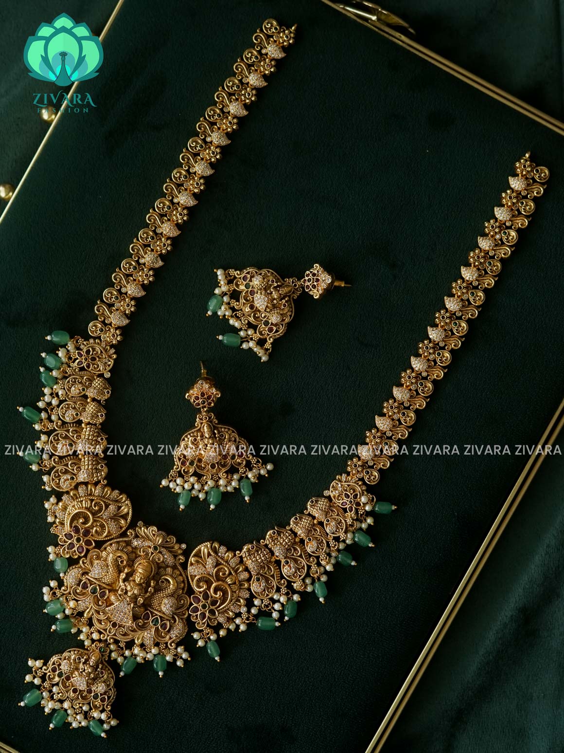 TEMPLE BRIDAL - Traditional PREMIUM MATTE polish MIDCHEST haaram/neckwear with earrings- Zivara Fashion