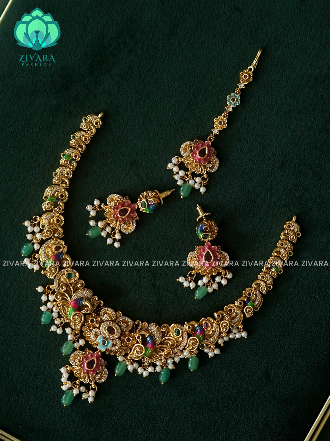 MADHURYA -  PEACOCK HANDPAINTED NECKWEAR - Traditional south indian premium neckwear with earrings and chutti /tikka - Zivara Fashion- latest jewellery design