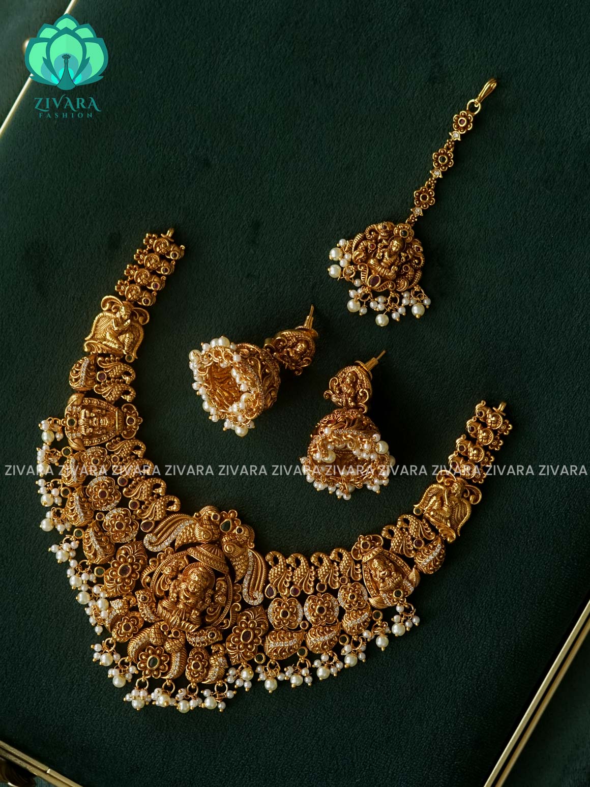 Akshayam - BRIDAL TEMPLE NECKWEAR WITH HANGINGS - bridal temple neckwear -Traditional south indian premium neckwear with earrings and chutti / tikka - Zivara Fashion- latest jewellery design