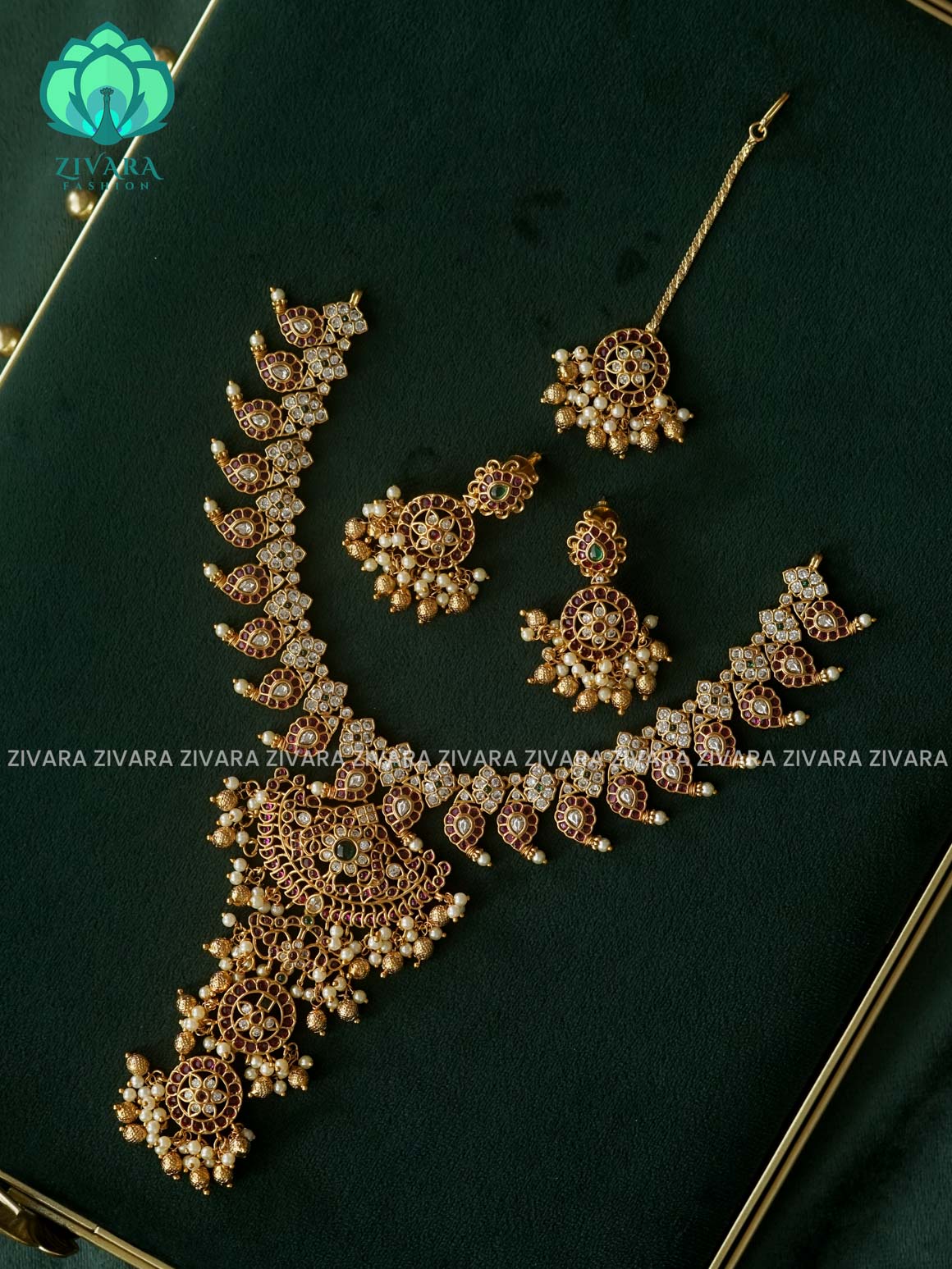 Akshayam - BRIDAL REAL KEMP MANGA NECKWEAR WITH HANGINGS - bridal temple neckwear -Traditional south indian premium neckwear with earrings and chutti / tikka - Zivara Fashion- latest jewellery design