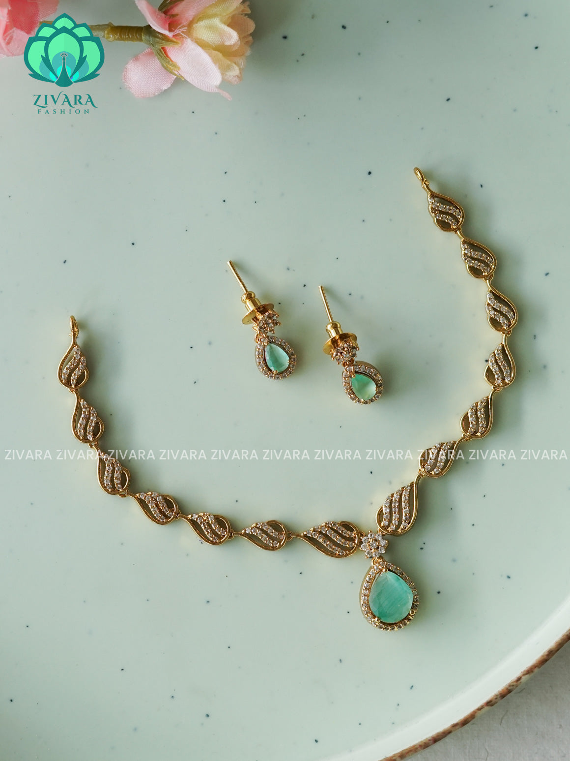 Pastel Green- Swirly stone pendant  - stylish and minimal elegant kids friendly neckwear with earrings- Zivara Fashion