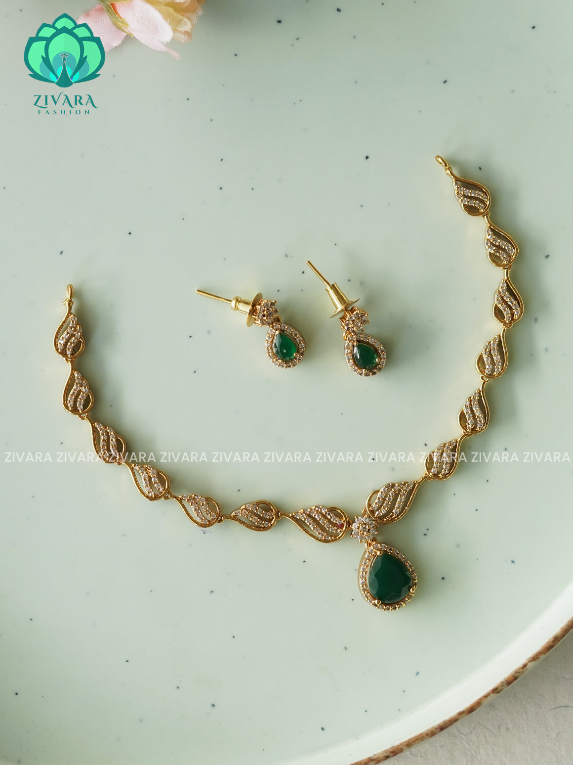 Green- Swirly stone pendant  - stylish and minimal elegant kids friendly neckwear with earrings- Zivara Fashion