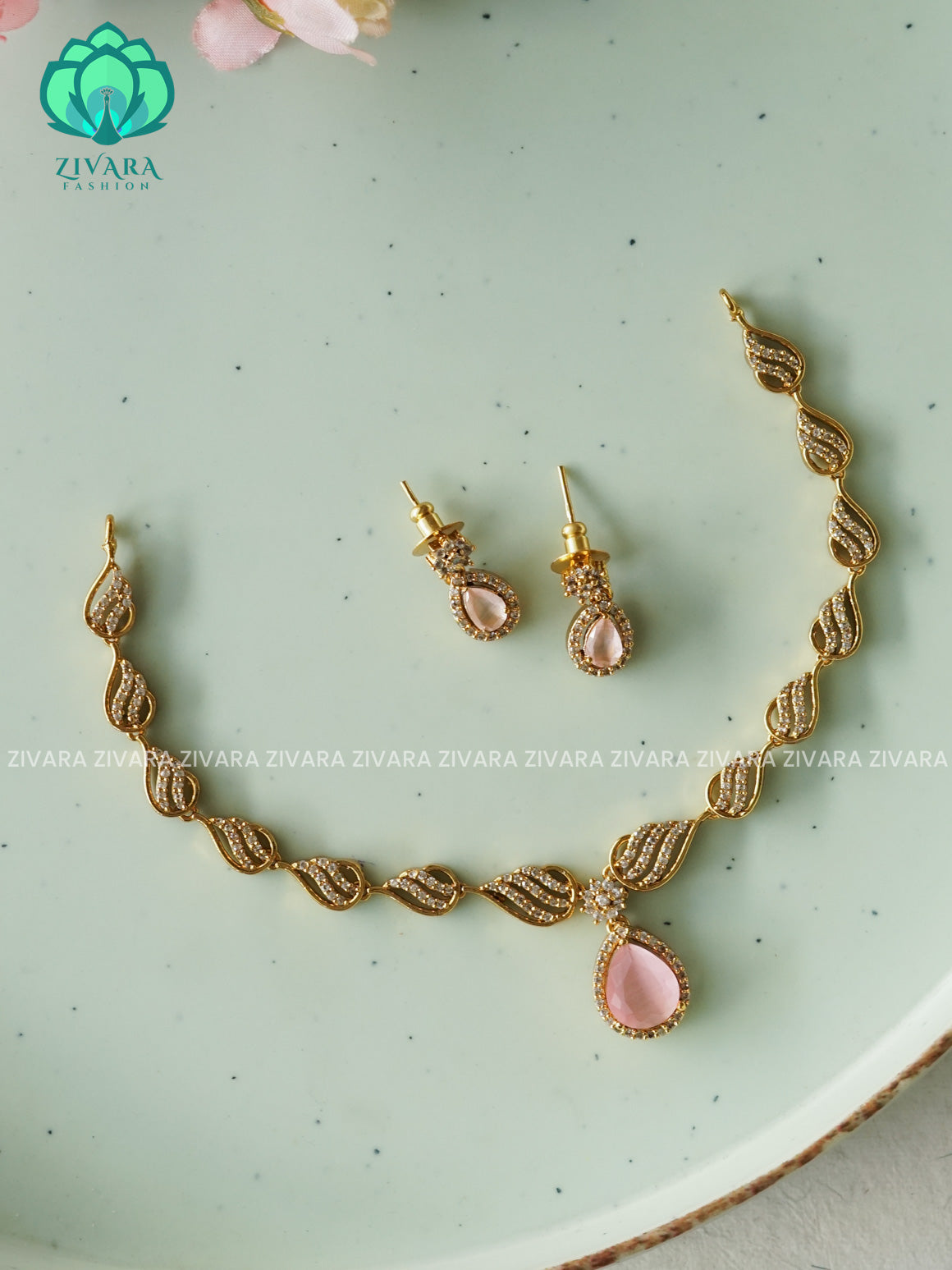 Swirly PASTEL PINK stone pendant  - stylish and minimal elegant neckwear with earrings- Zivara Fashion