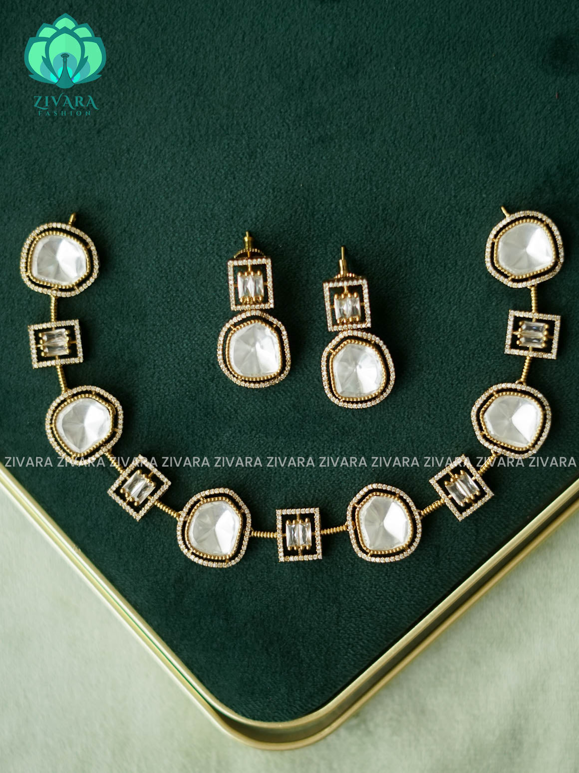 AKSHAYAM - BRIDAL MOZANITE WHITE  STONE NECKWEAR  - TRADITIONAL NECKWEAR COLLECTION WITH EARRINGS- LATEST JEWELLERY COLLECTION