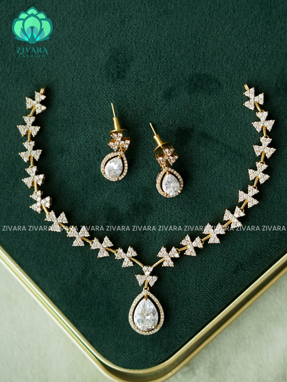 Kanya - WHITE TEAR  DIAMOND REPLICA NECKWEAR -  stylish and minimal elegant neckwear with earrings- Zivara Fashion