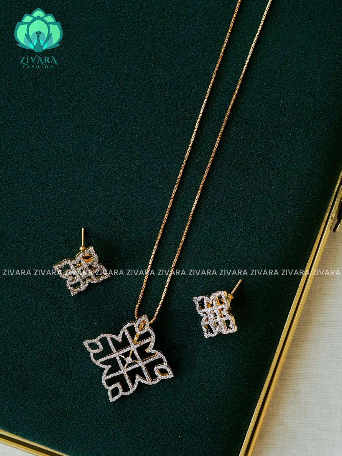 Zyra- Diamond replica Rhodium  polish-pendant set and earrings ( CHAIN COMPLIMENTARY)  -Trending office wear jewellery-Zivara fashion
