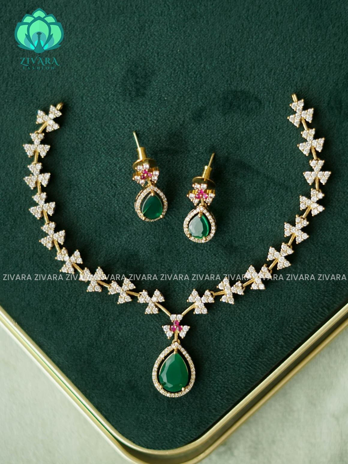 Kanya - GREEN  TEAR  DIAMOND REPLICA NECKWEAR -  stylish and minimal elegant neckwear with earrings- Zivara Fashion