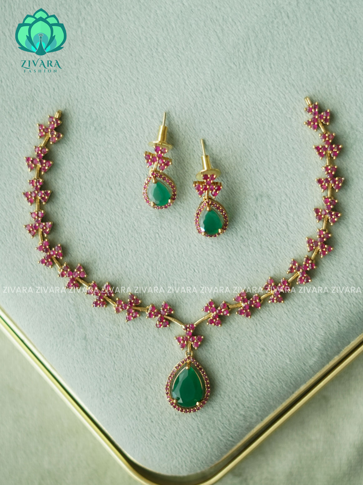 Kanya - RUBY AND GREEN  TEAR  DIAMOND REPLICA NECKWEAR -  stylish and minimal elegant neckwear with earrings- Zivara Fashion