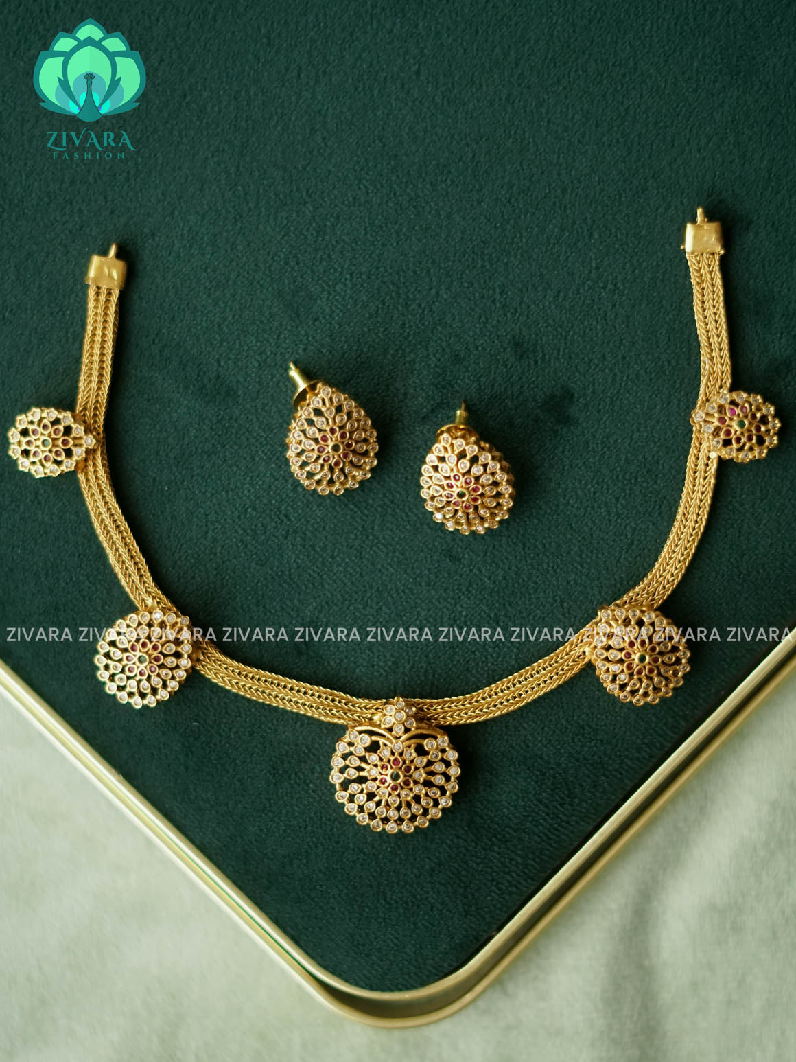 WHITE RUBY BLOOM PENDANT - FLEXIBLE CHAIN WITH HANGINGS -Traditional south indian premium neckwear with earrings- Zivara Fashion- latest jewellery design