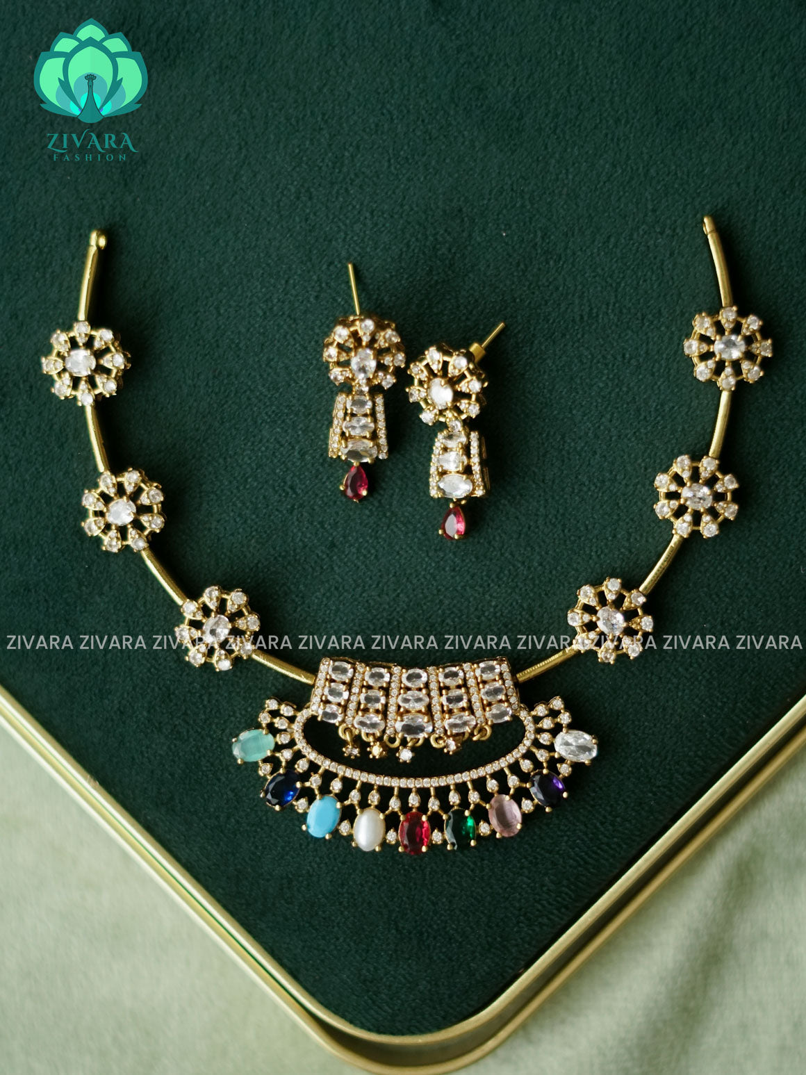 Multicolour AD Hasli - Traditional south indian premium neckwear with earrings- Zivara Fashion- latest jewellery design