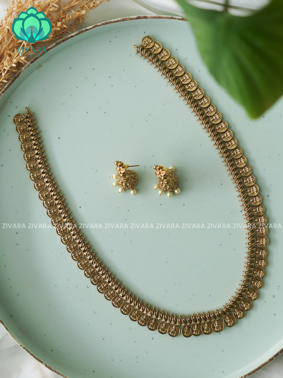 NO STONE COIN- Traditional premium gold polish long haaram/neckwear with earrings- Zivara Fashion