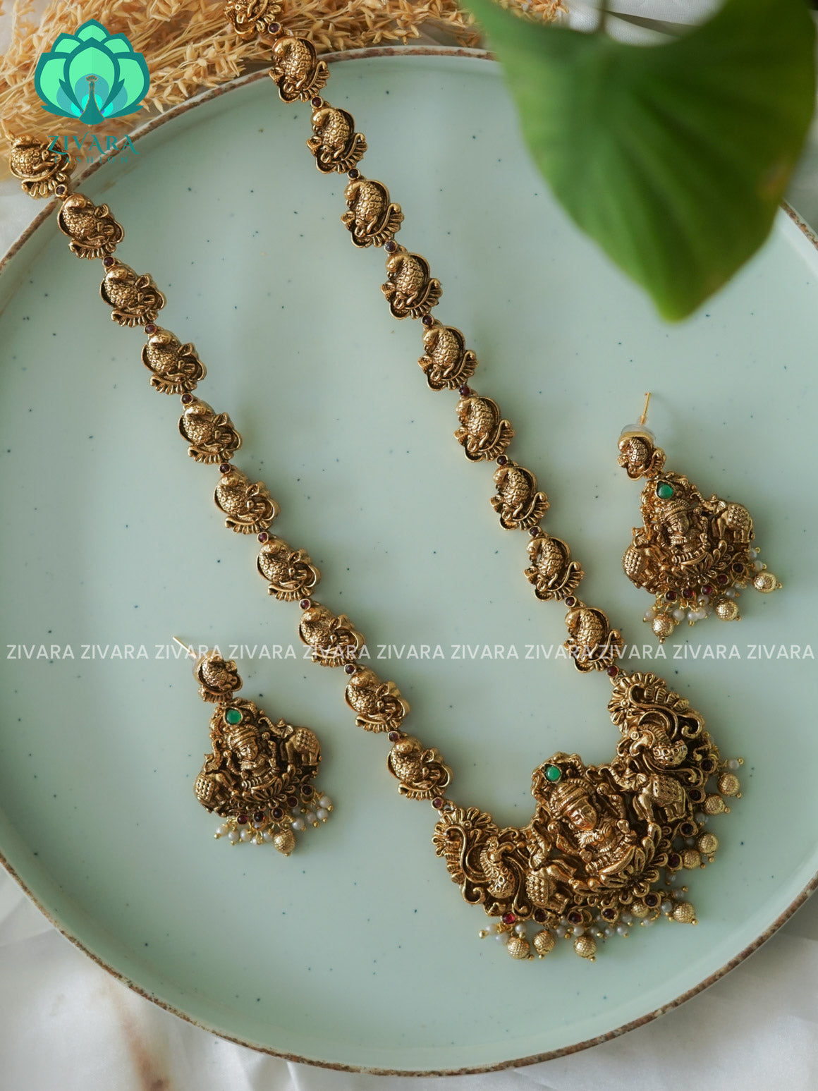 Temple - TRADITIONAL NORMAL MATTE MIDCHEST haaram/neckwear with earrings- Zivara Fashion