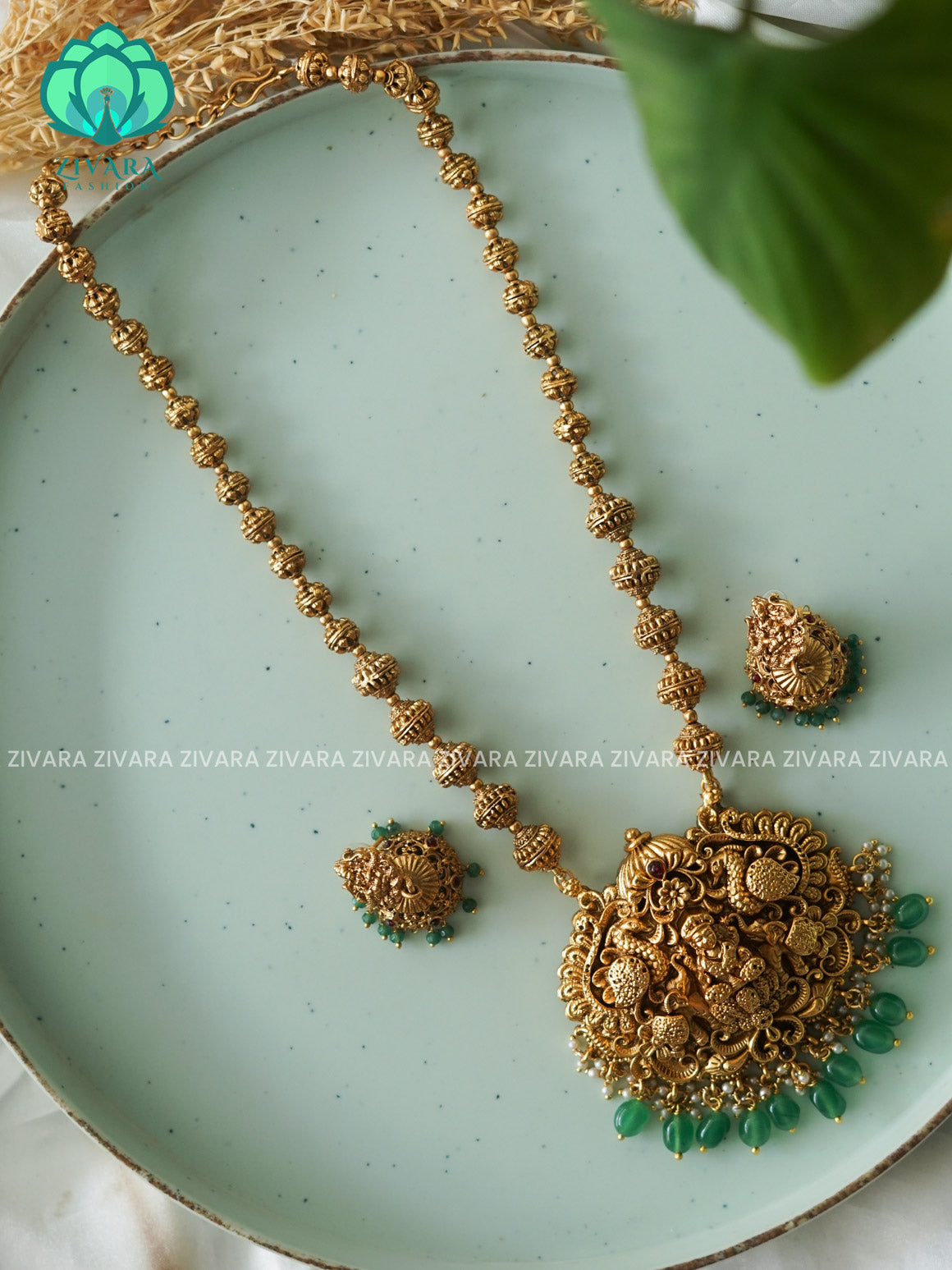 GREEN BEADS AND TEMPLE PENDANT  BALL CHAIN - Traditional NORMAL MATTE polish MIDCHEST haaram/neckwear with earrings- Zivara Fashion