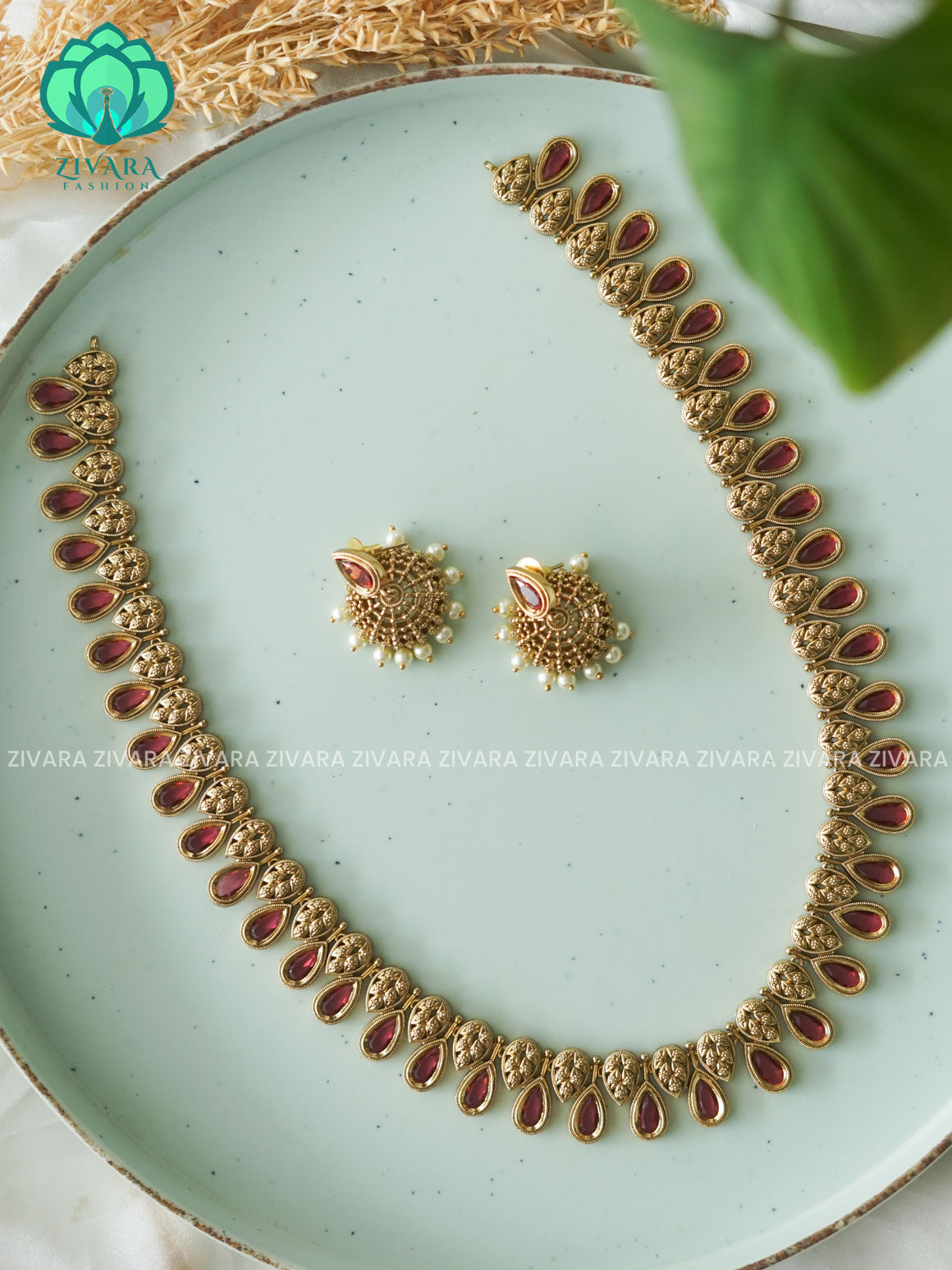 RUBY TEAR MOTIF - Traditional PREMIUM MATTE polish haaram/neckwear with earrings- Zivara Fashion