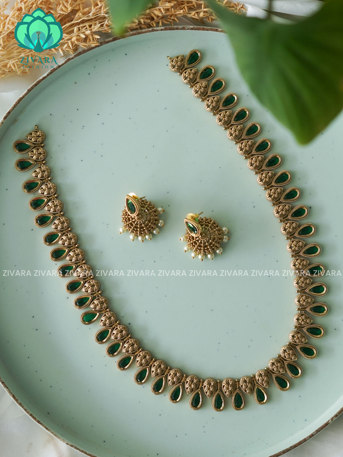 GREEN TEAR MOTIF - Traditional PREMIUM MATTE polish haaram/neckwear with earrings- Zivara Fashion