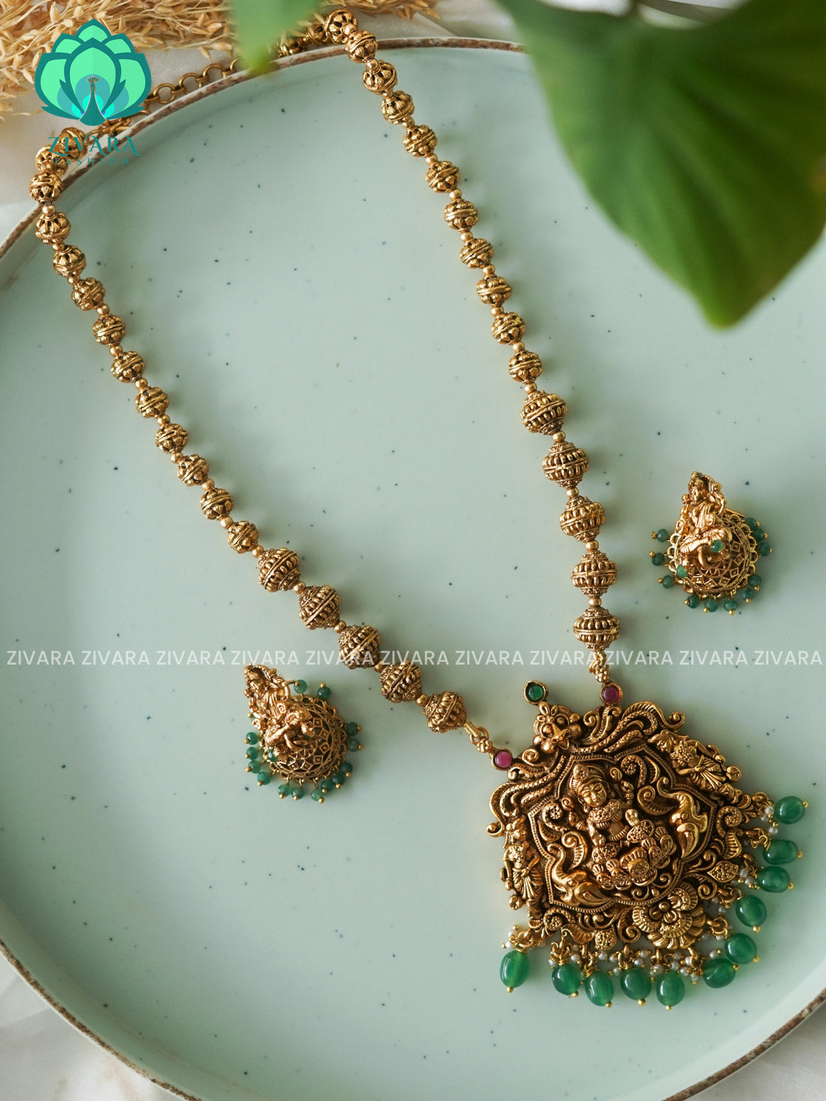 GREEN BEADS AND TEMPLE PENDANT  BALL CHAIN - Traditional NORMAL MATTE polish MIDCHEST haaram/neckwear with earrings- Zivara Fashion