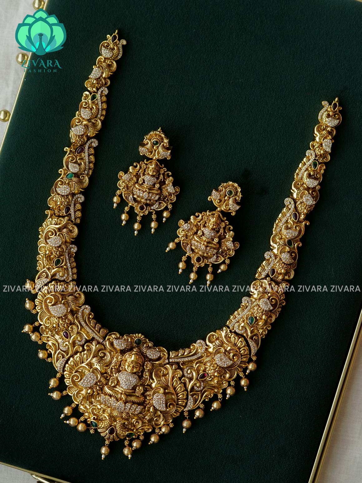 REAL KEMP PEACOCK BRIDAL HAARAM  WITH HANGING - Traditional PREMIUM MATTE polish MIDCHEST haaram/neckwear with earrings- Zivara Fashion