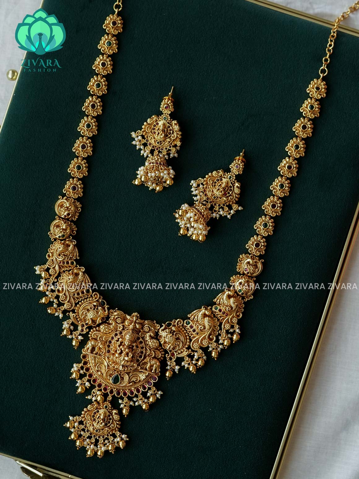 BRIDAL TEMPLE HAARAM - Traditional PREMIUM MATTE polish MIDCHEST haaram/neckwear with earrings- Zivara Fashion