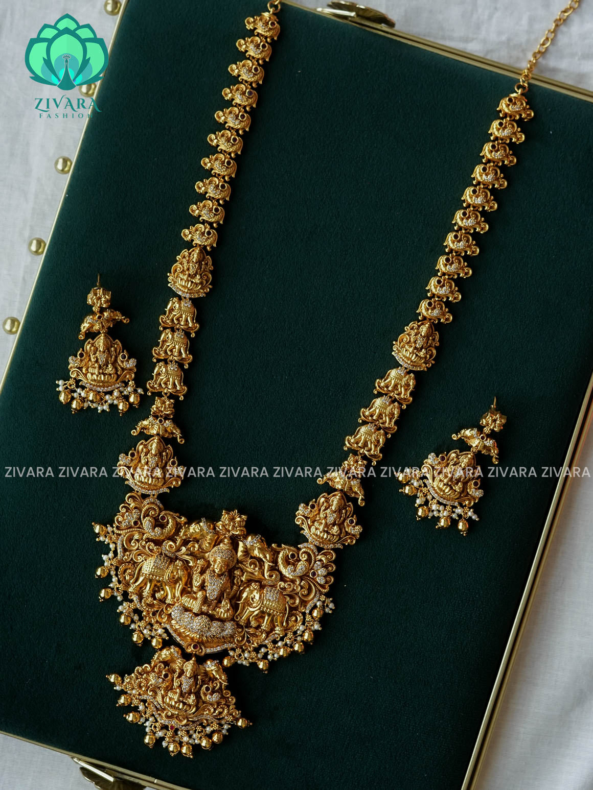 GAJALAKSHMI TEMPLE PENDANT  MIDCHEST/HAARAM - Traditional PREMIUM MATTE polish MIDCHEST haaram/neckwear with earrings- Zivara Fashion