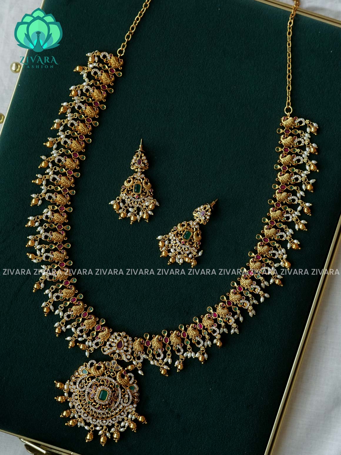 PEACOCK REAL KEMP BRIDAL HAARAM  WITH GOLD BEADS HANGINGS - Traditional premium long haaram/neckwear with earrings- Zivara Fashion