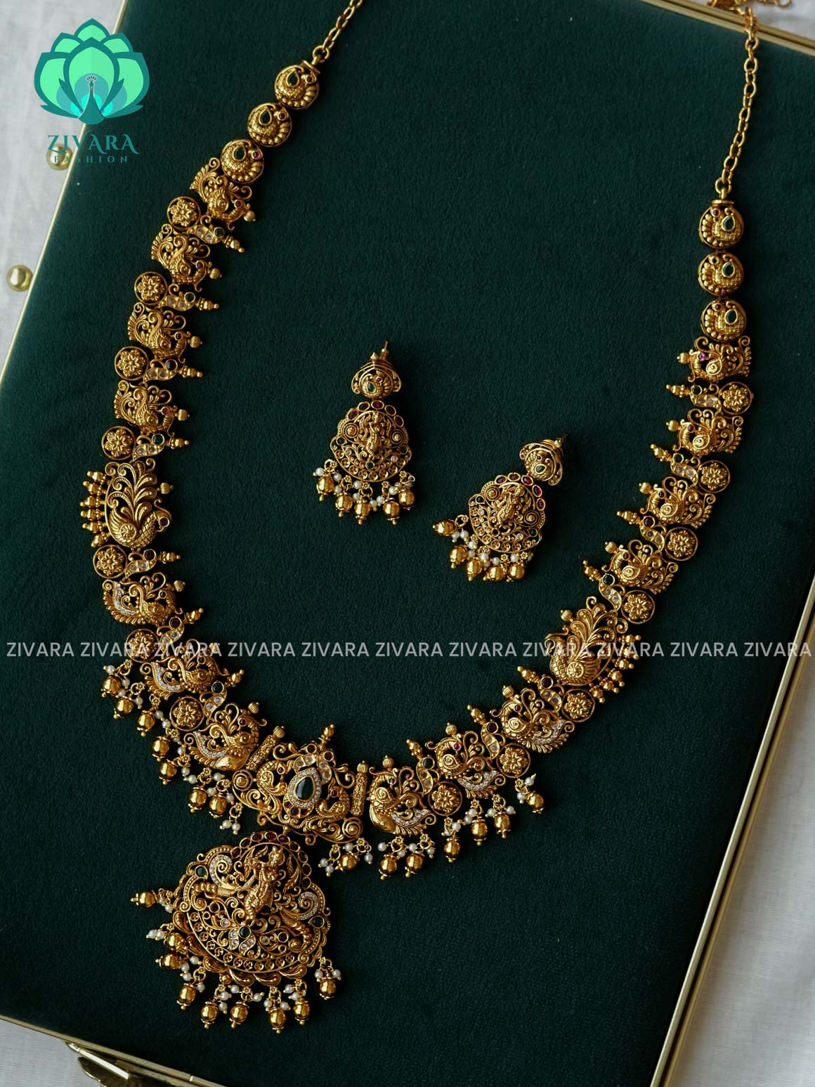 TEMPLE  - Traditional PREMIUM MATTE polish MIDCHEST haaram/neckwear with earrings- Zivara Fashion