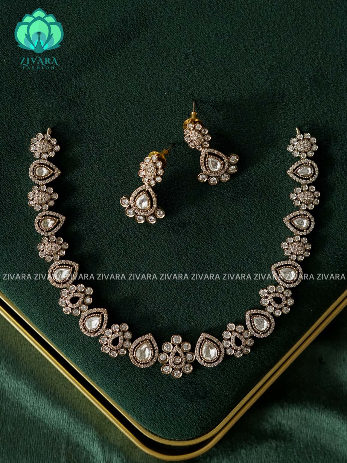 WHITE STONE  - premium victoria finish dark polish trending neckwear collection- bridal collection- Zivara Fashion